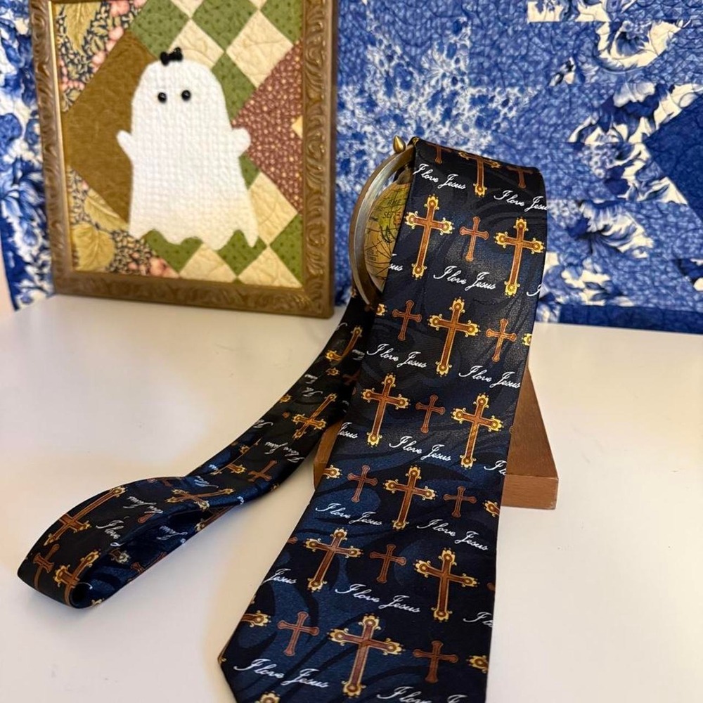 Steven Harris Vintage 90s I Love Jesus Navy Blue Cross Religious Tie Mens